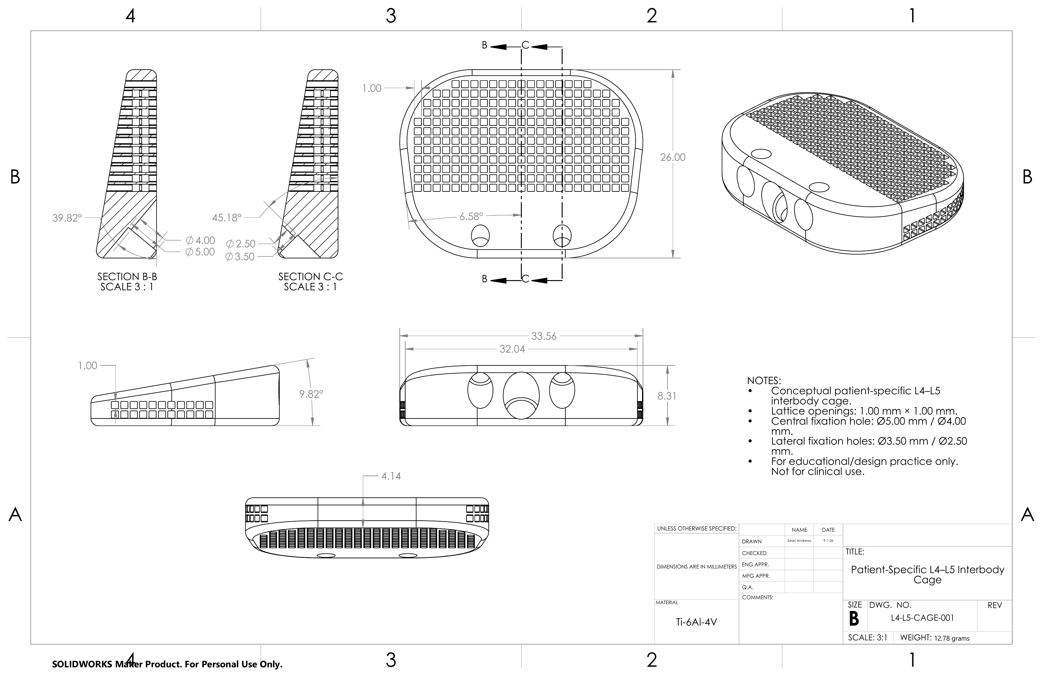 Dimensioned engineering drawing of the cage with section views