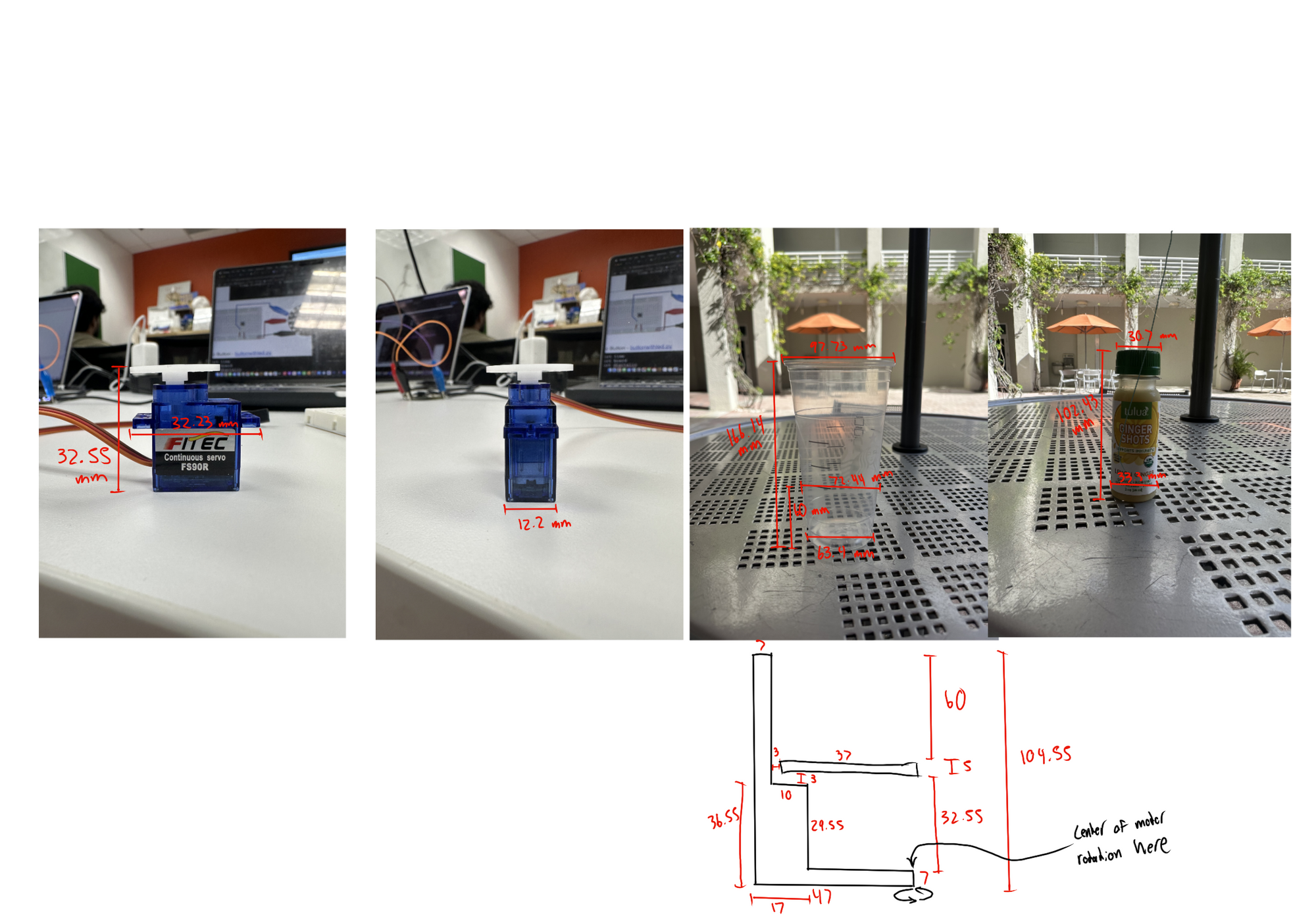 Servo motors, cup, and bottle measurements in mm