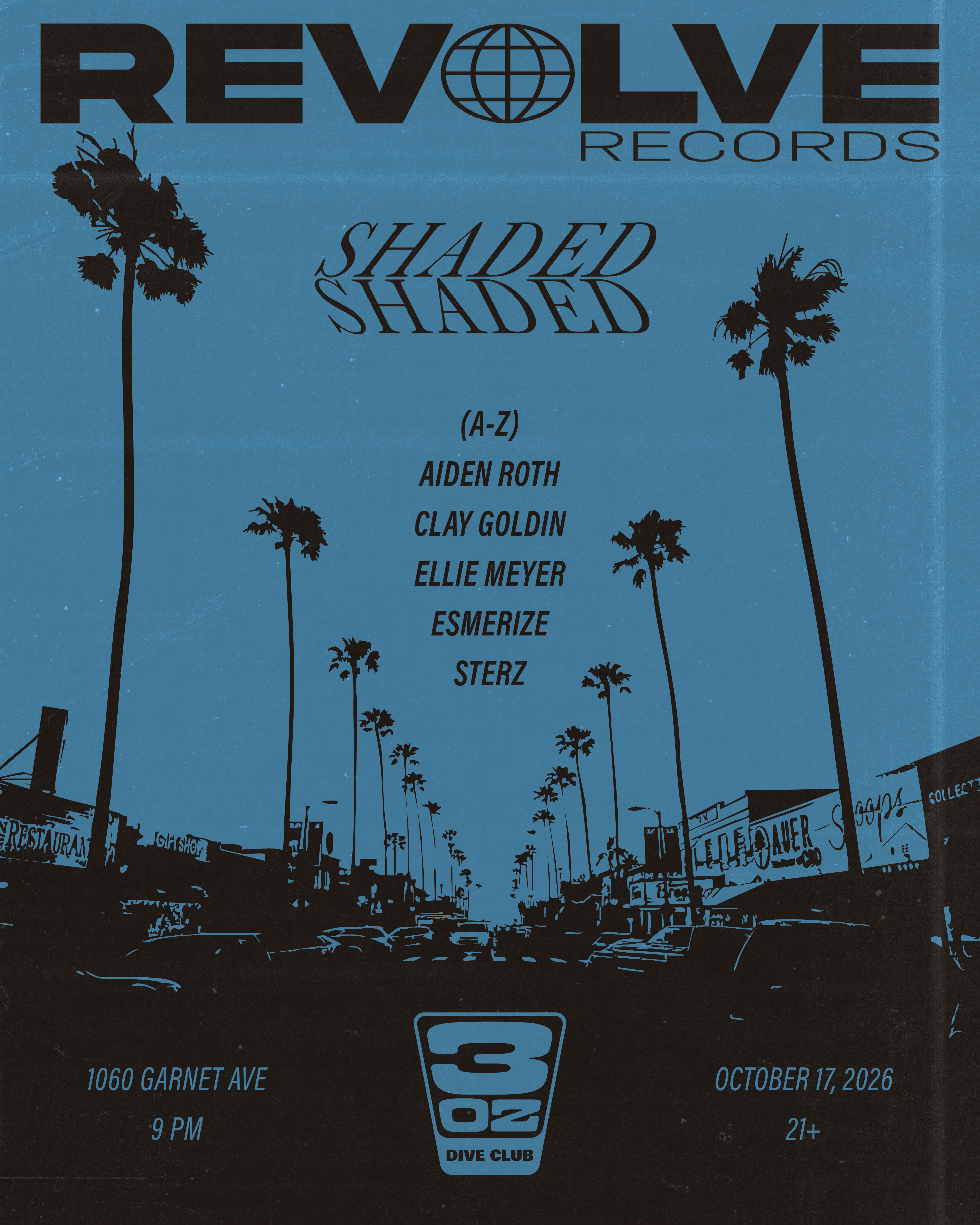 Shaded event poster with palm trees and artist names