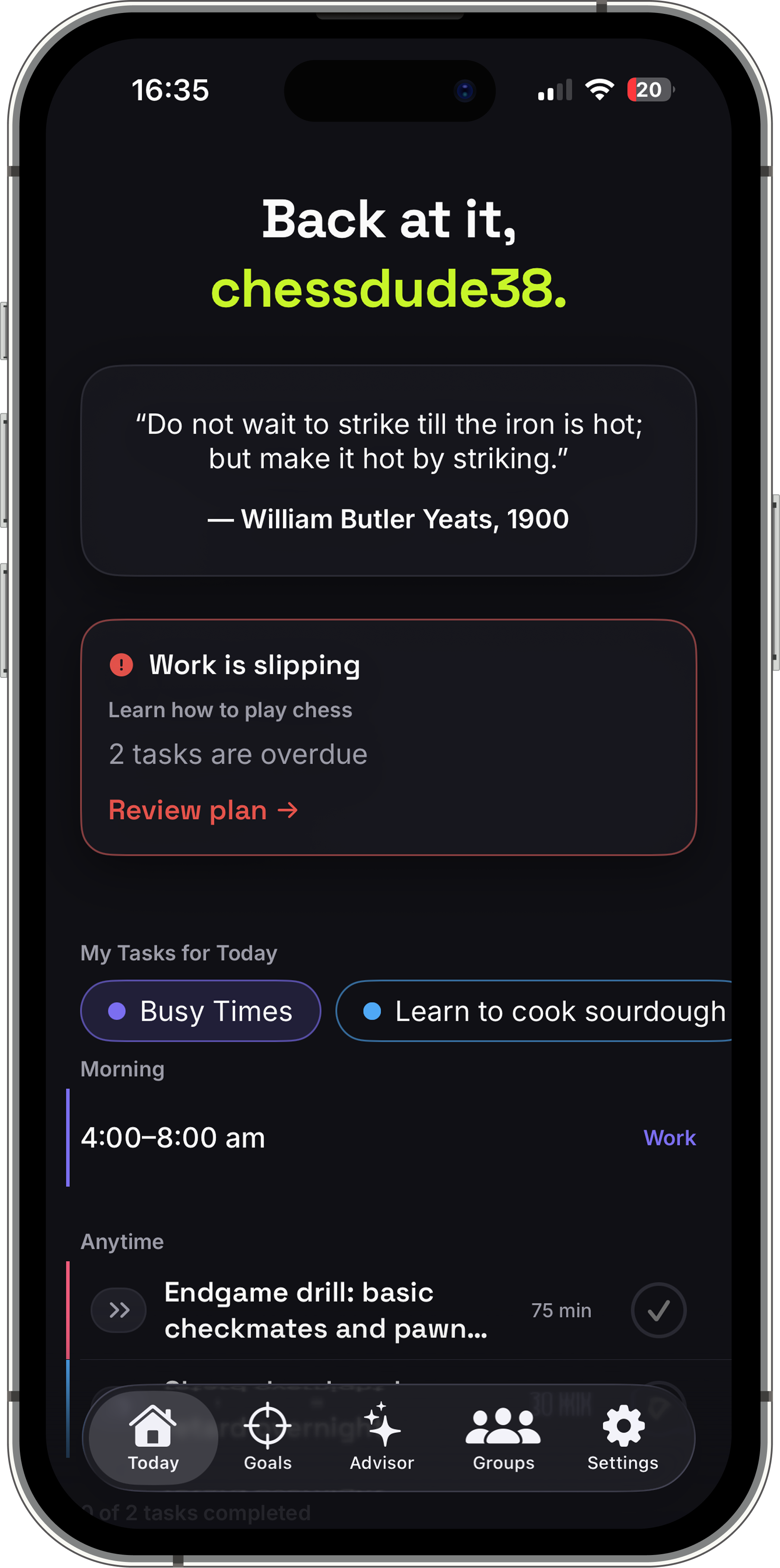 Slump Today screen warning that work is slipping