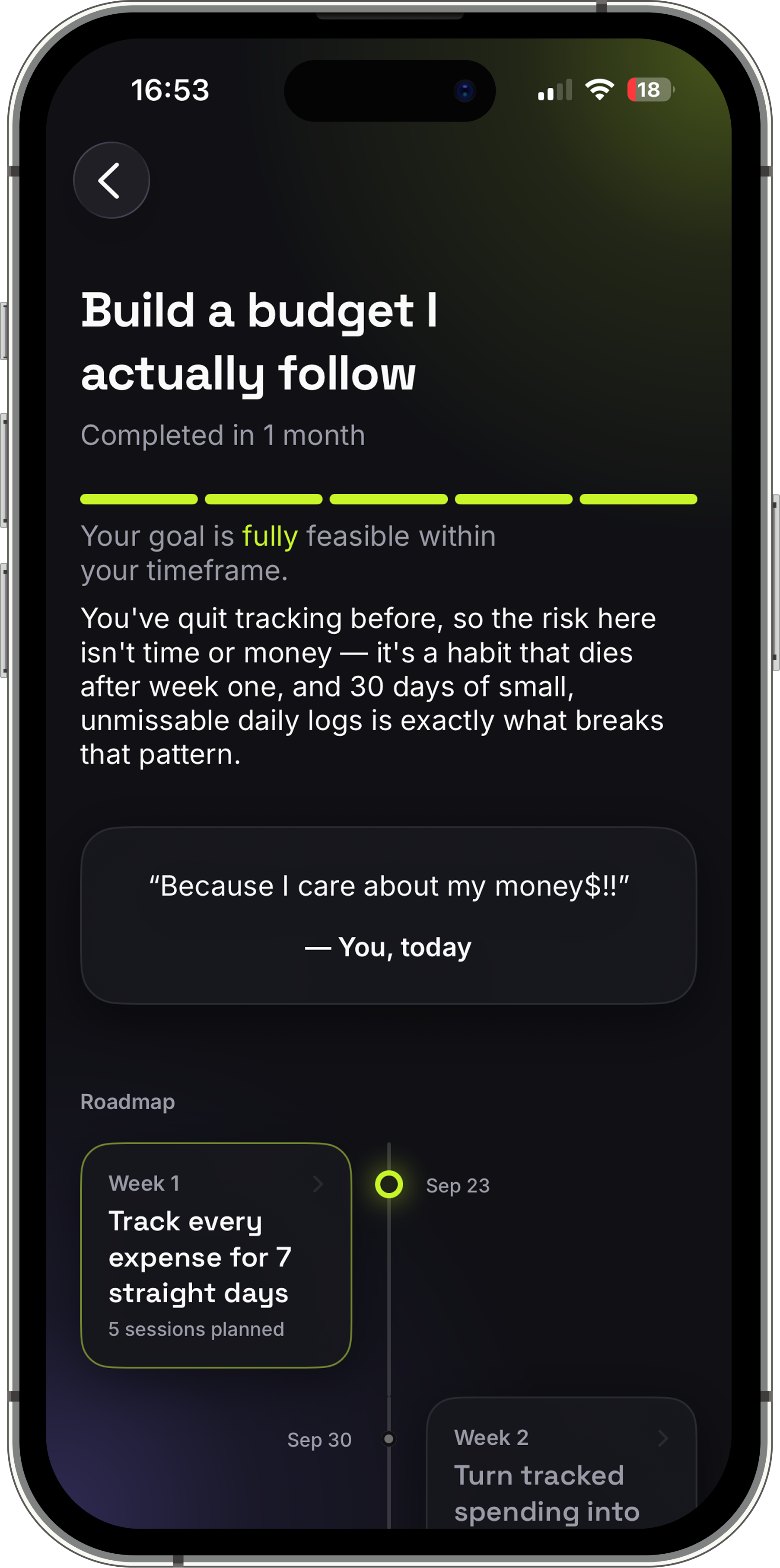 Slump goal feasibility and roadmap screen