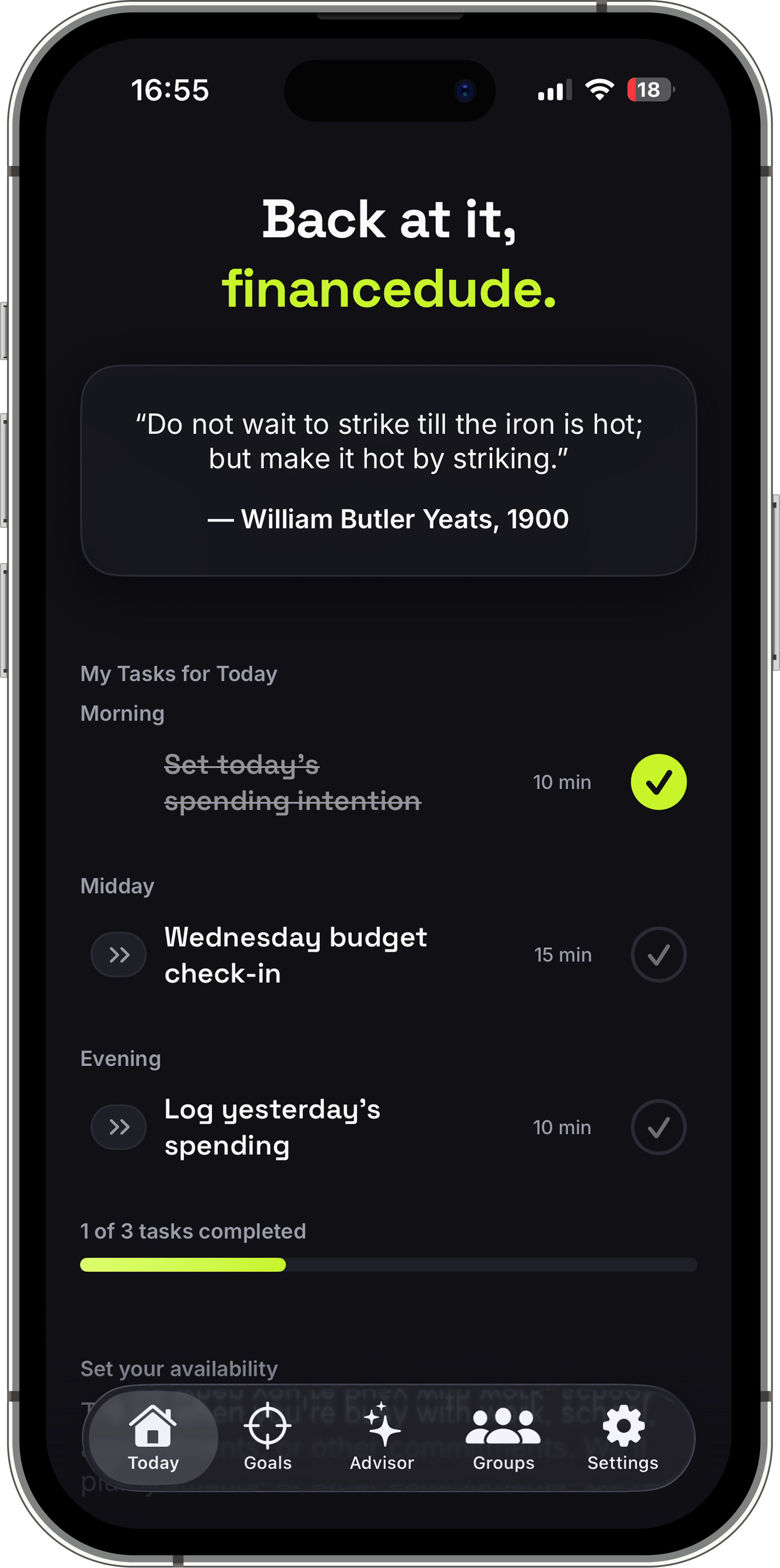 Slump Today screen showing a finance goal in context