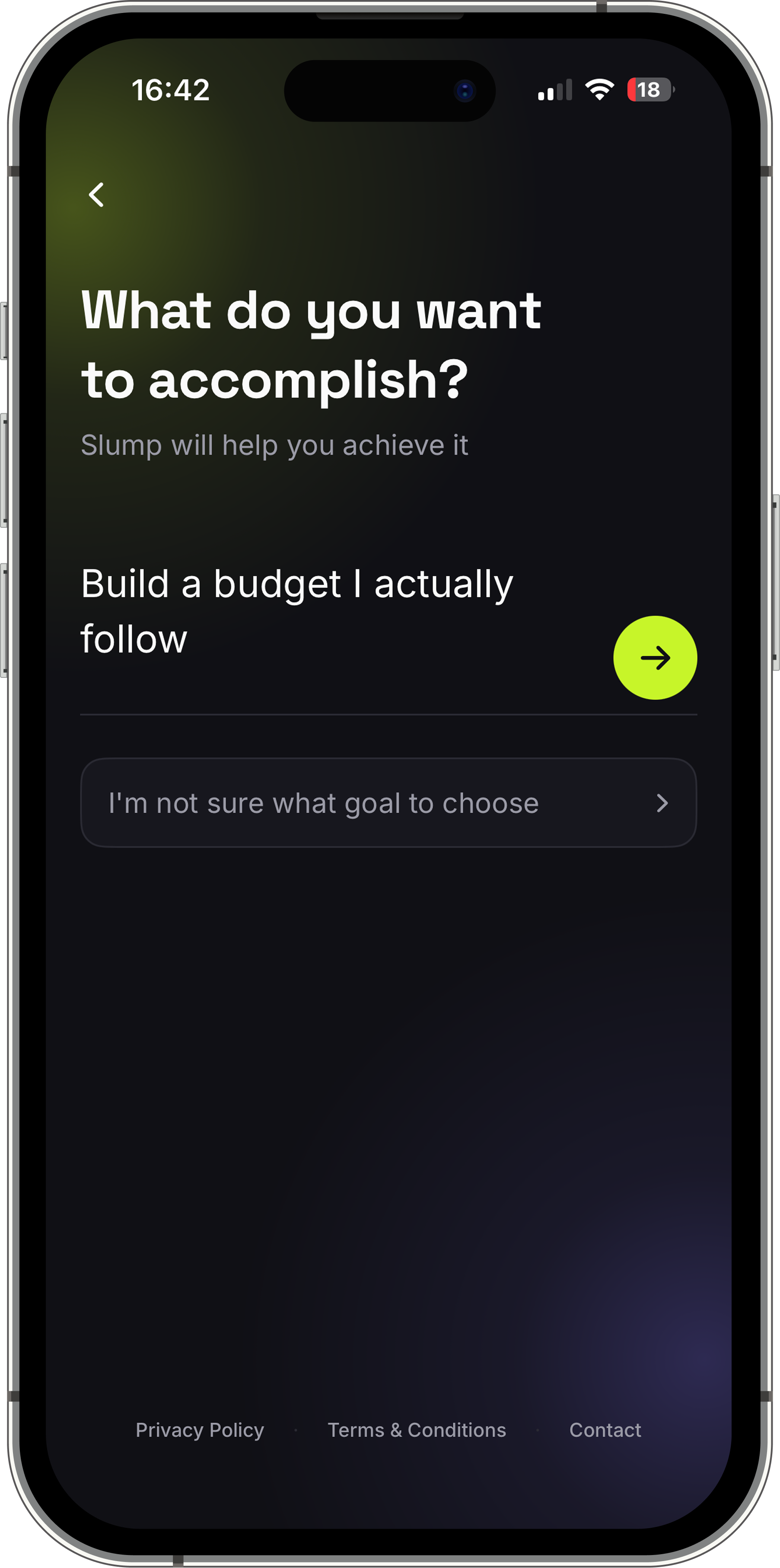 Slump onboarding prompt asking what the user wants to accomplish